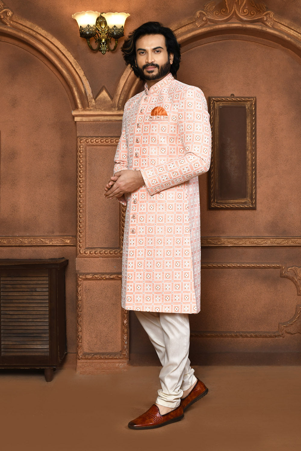 Peach Colour Art Silk Fabric With Embroidered Sherwani