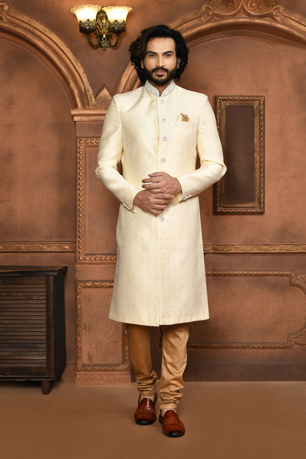 Cream Colour Art Silk Fabric With Embroidered Sherwani