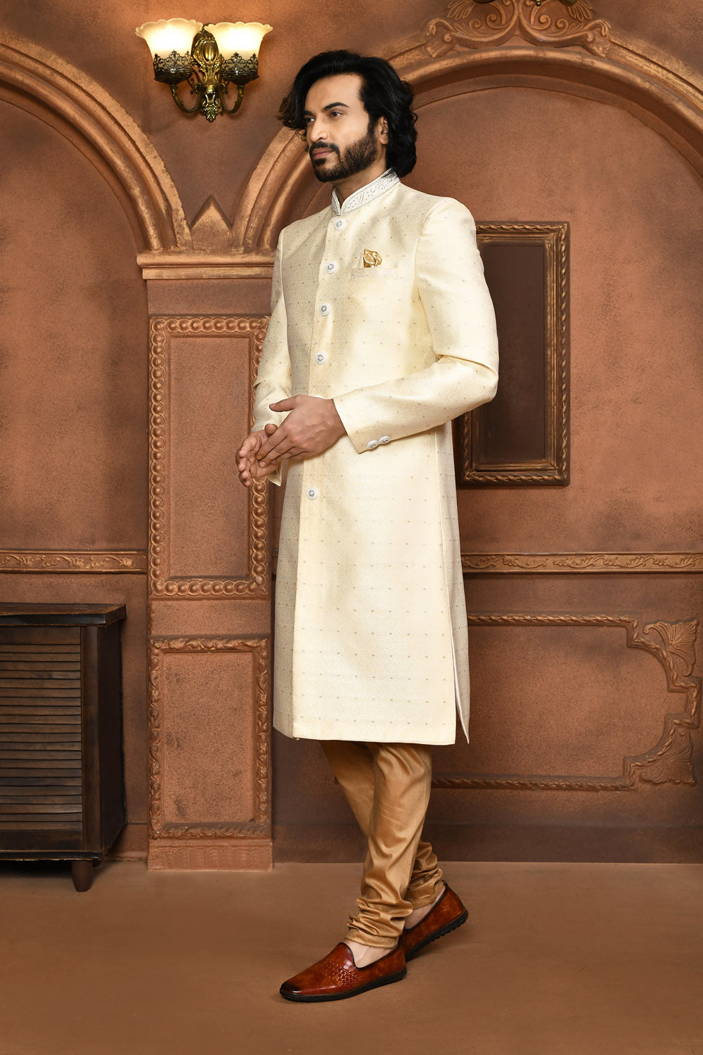 Cream Colour Art Silk Fabric With Embroidered Sherwani
