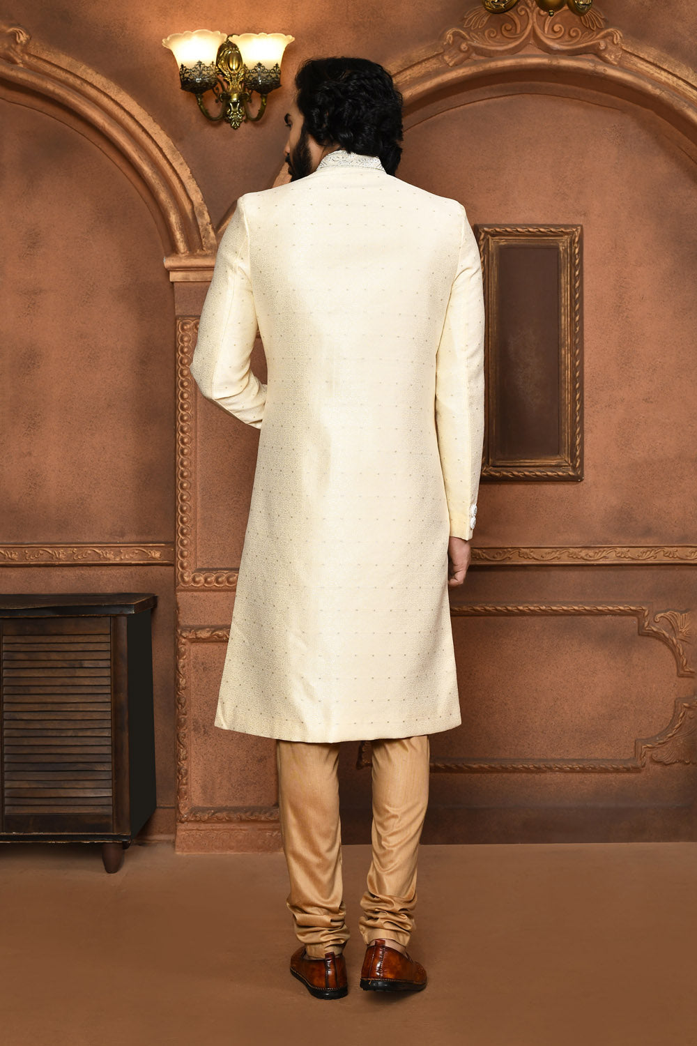Cream Colour Art Silk Fabric With Embroidered Sherwani
