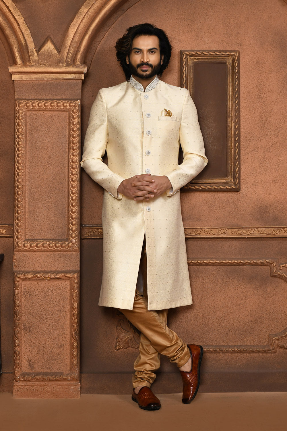 Cream Colour Art Silk Fabric With Embroidered Sherwani