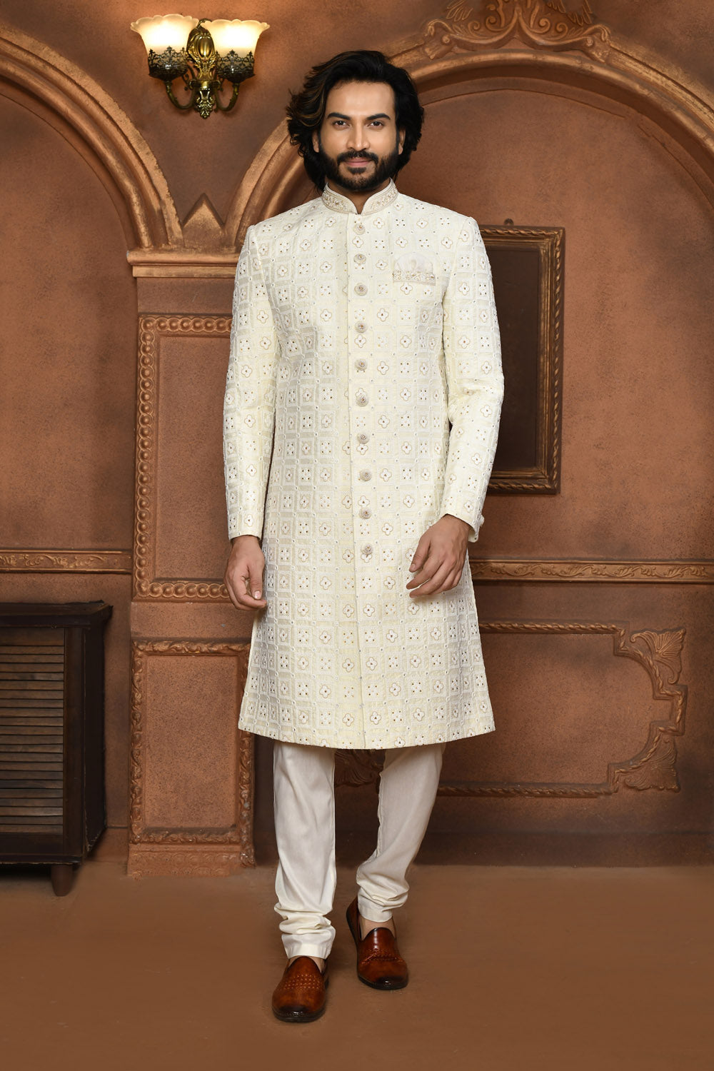 Off White Colour Art Silk Fabric With Embroidered Sherwani