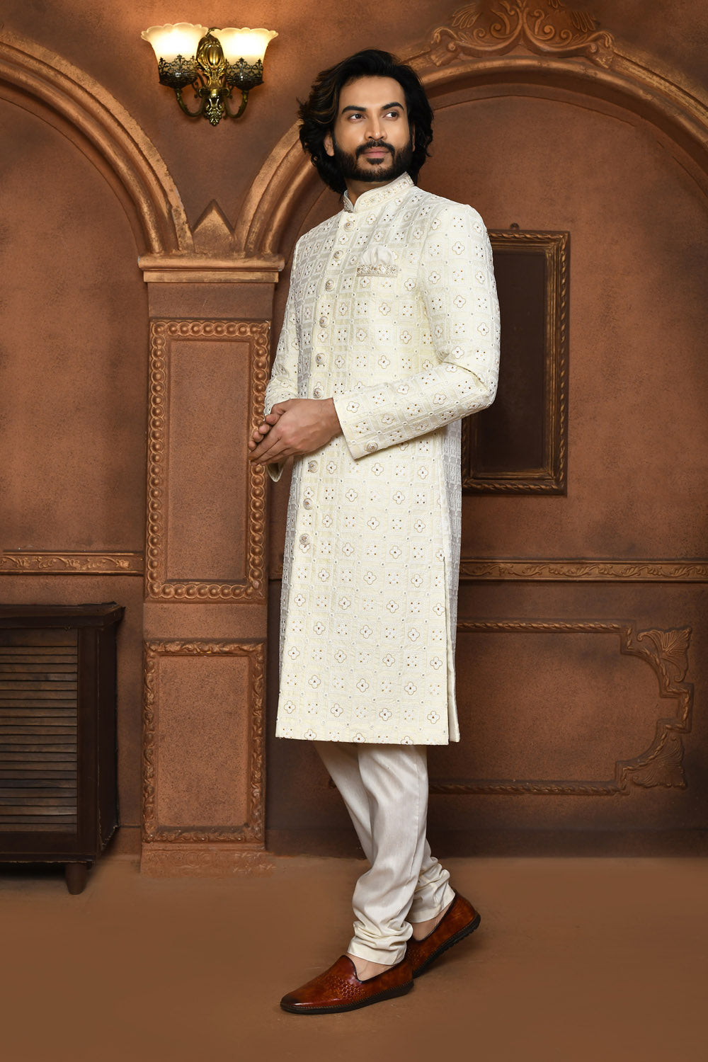 Off White Colour Art Silk Fabric With Embroidered Sherwani