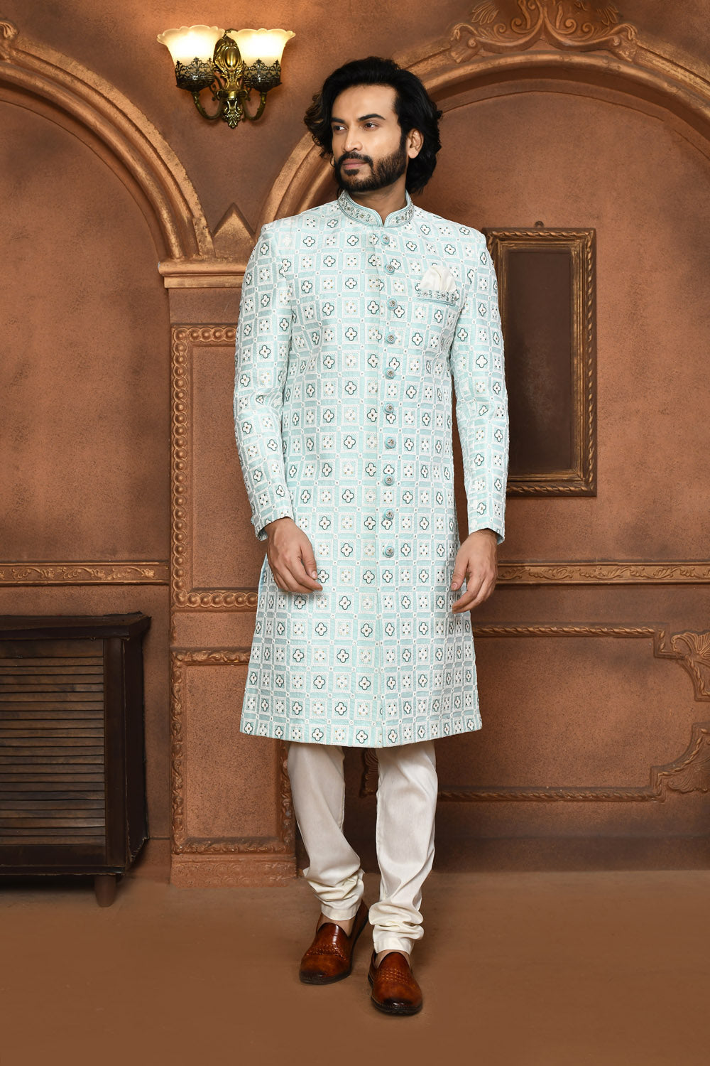 Firoza Colour Art Silk Fabric With Embroidered Sherwani