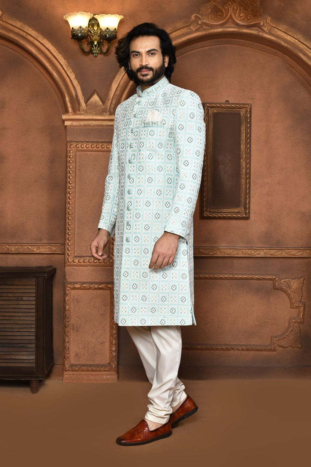 Firoza Colour Art Silk Fabric With Embroidered Sherwani
