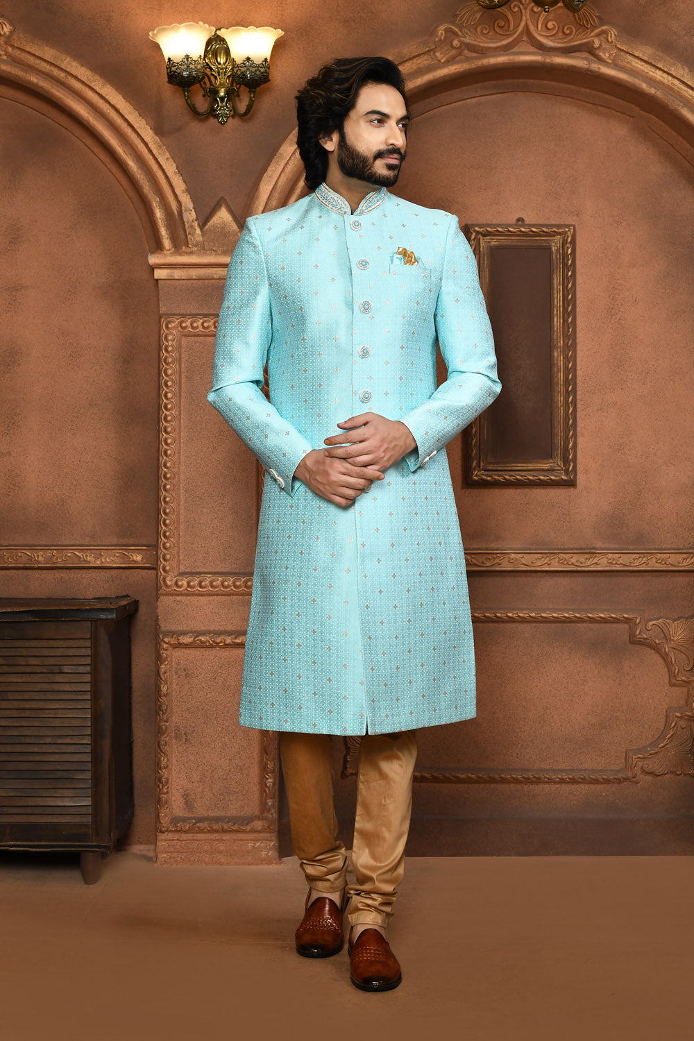 Firoza Colour Art Silk Fabric With Embroidered Sherwani
