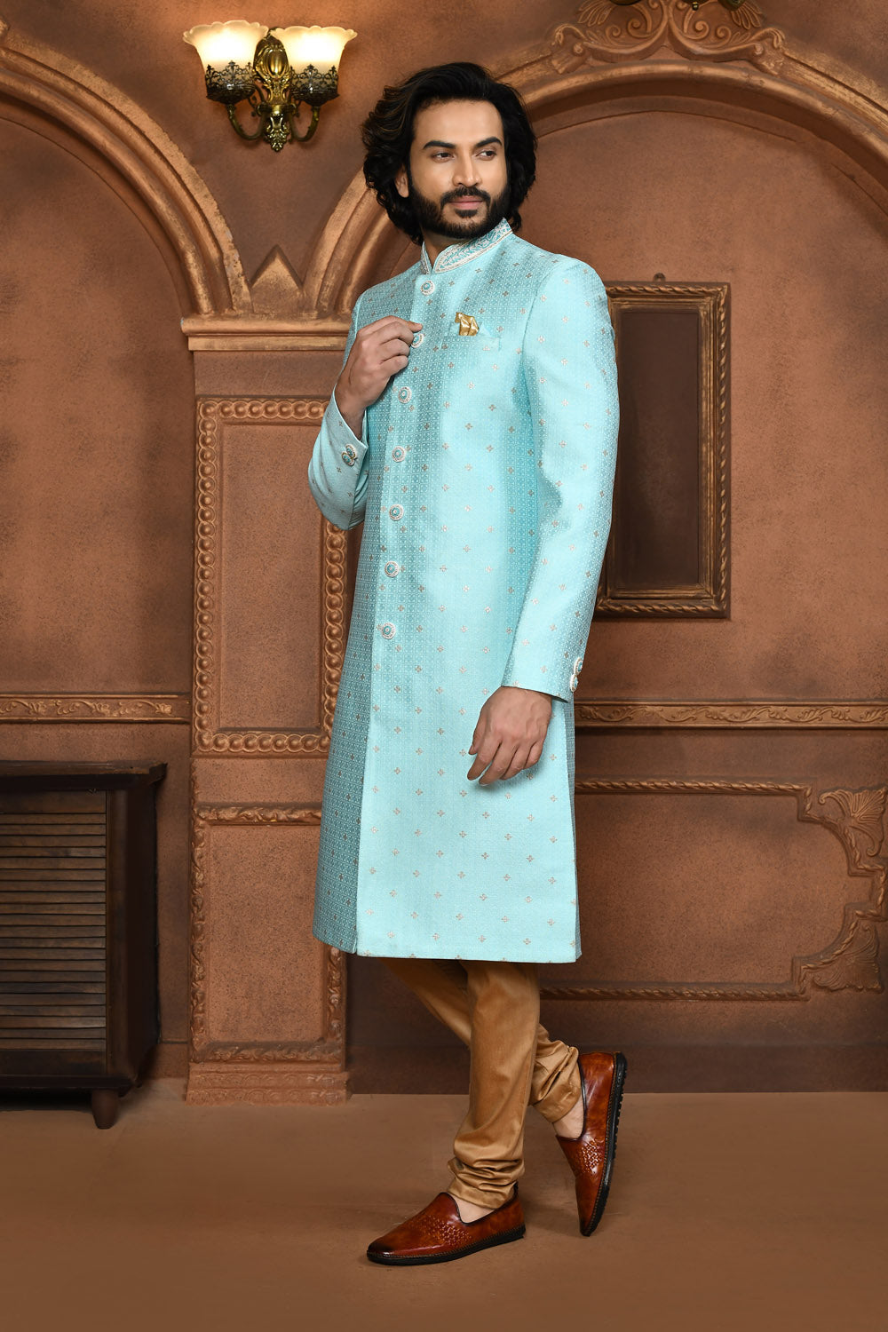 Firoza Colour Art Silk Fabric With Embroidered Sherwani