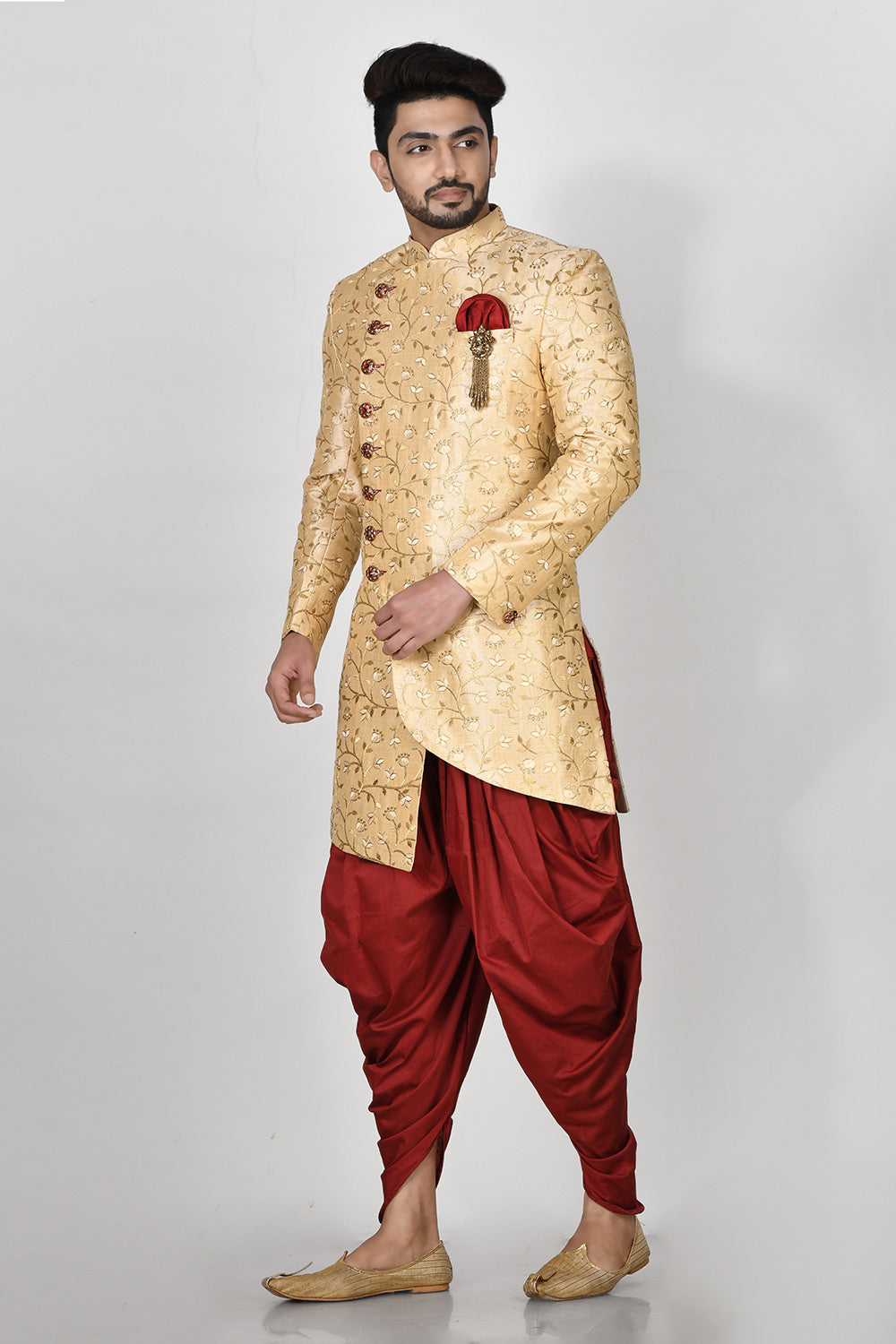 Gold Colour Silk Fabric With Resham & Zari Work Indowestern