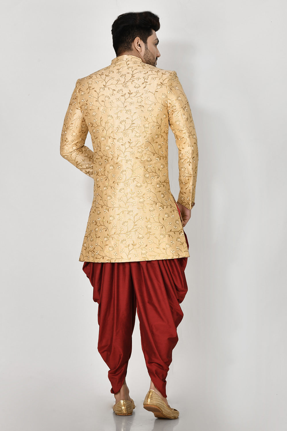 Gold Colour Silk Fabric With Resham & Zari Work Indowestern