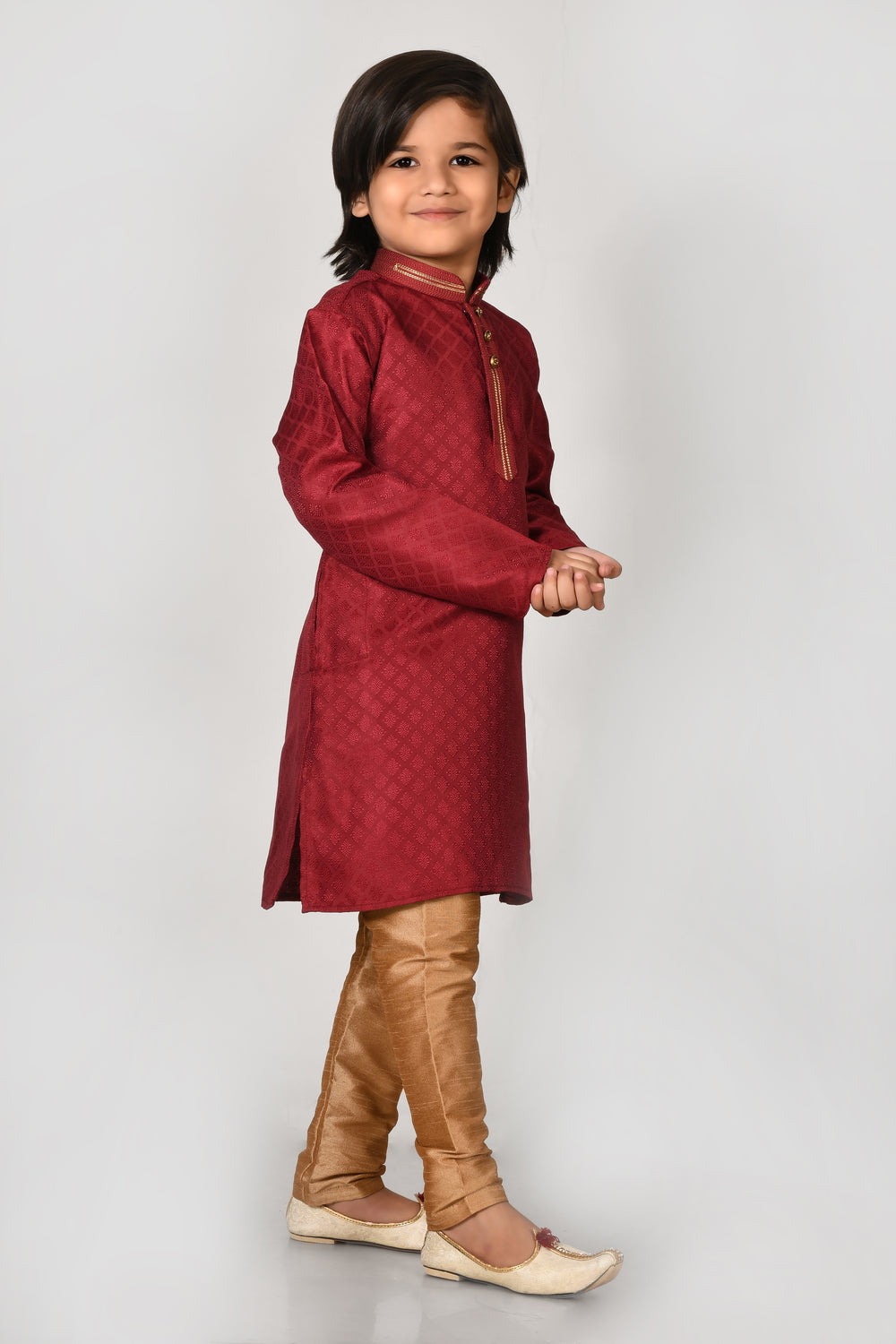 Boy Maroon Colour Ethnic Wear Art Silk Kurta And Pyjama Set