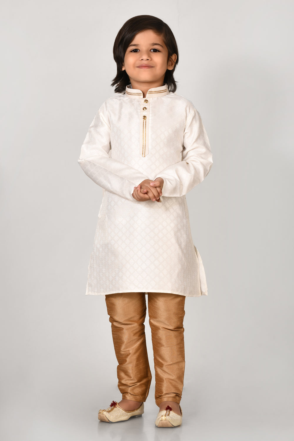 Boy White Color Ethnic Wear Art Silk Kurta And Pyjama Set