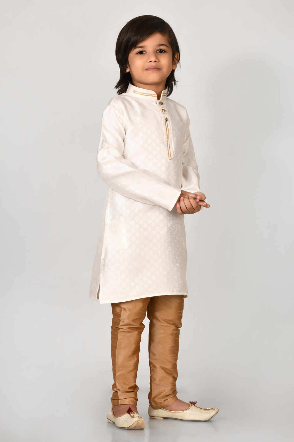 Boy White Color Ethnic Wear Art Silk Kurta And Pyjama Set