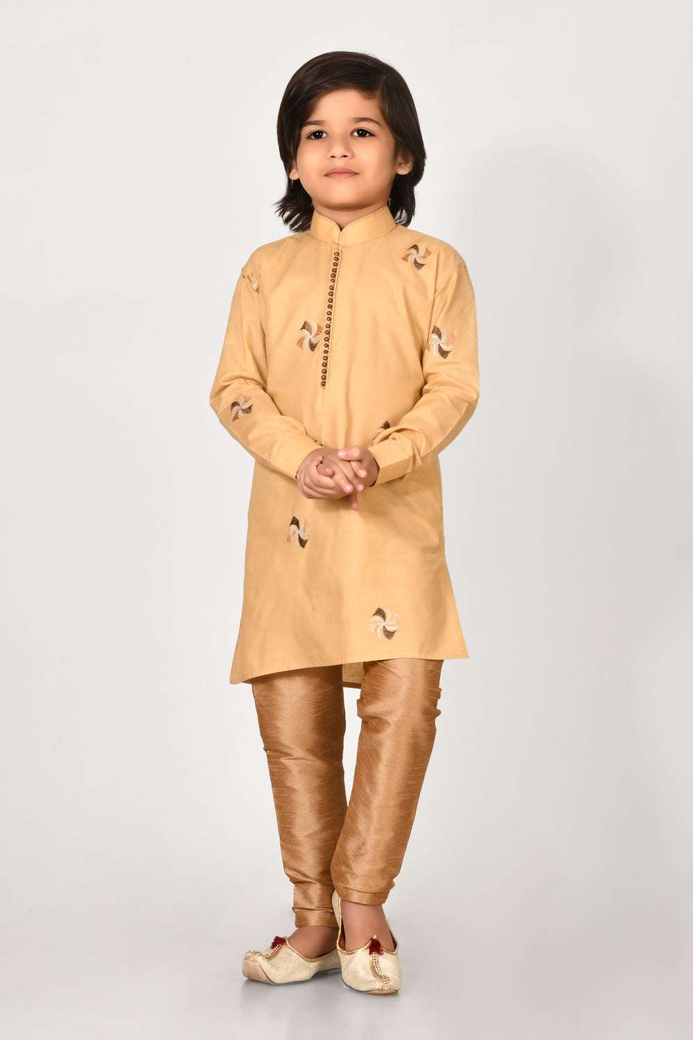 Boy Biscuit Colour Cotton Embroidery Work, Kurta Pyjama Set