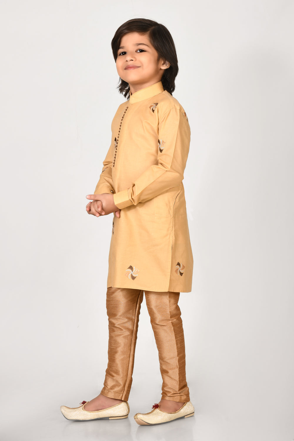 Boy Biscuit Colour Cotton Embroidery Work, Kurta Pyjama Set