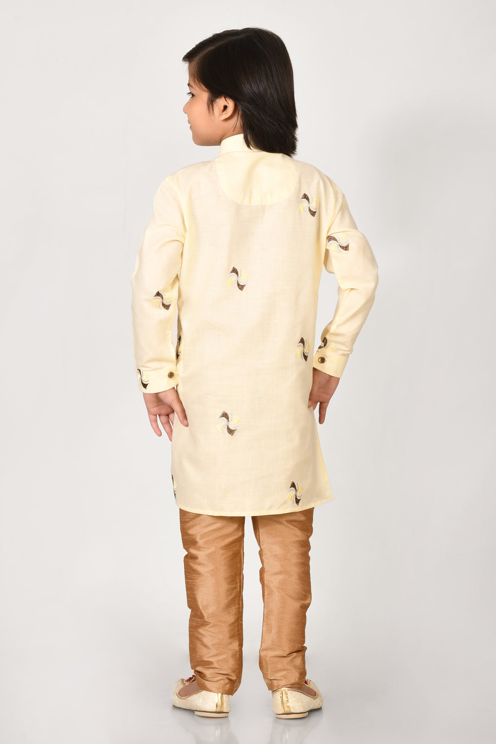 Boy Lemon Colour Cotton Embroidery Work, Kurta Pyjama Set