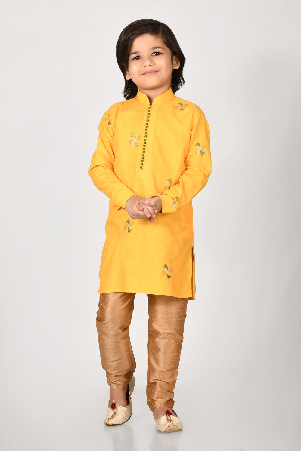 Boy Yellow Colourcotton Embroidery Work, Kurta Pyjama Set