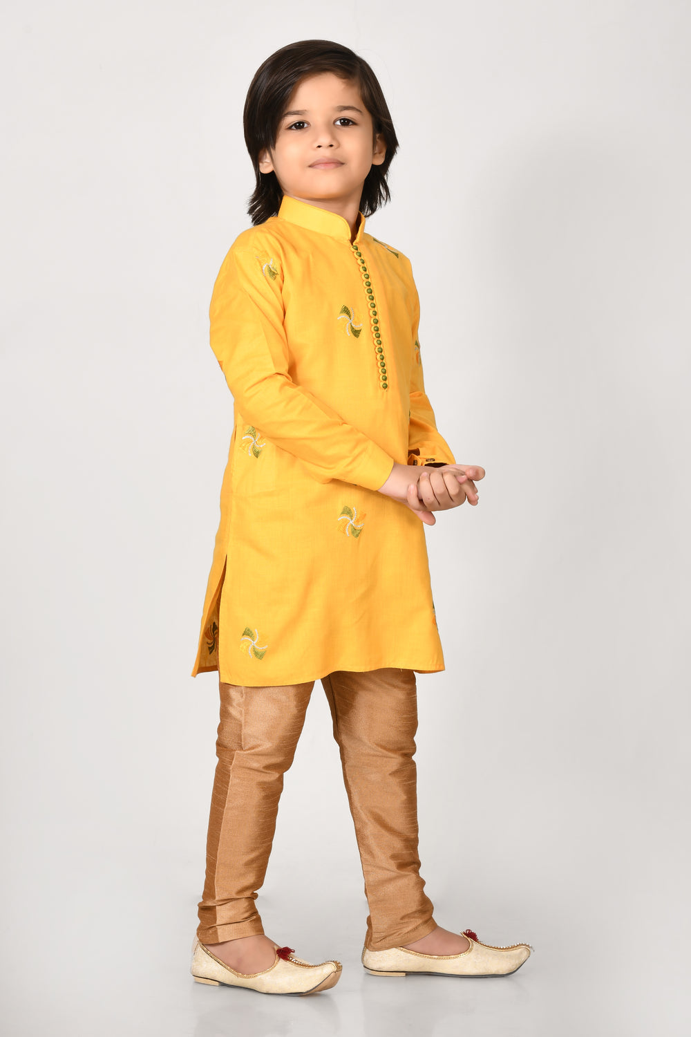 Boy Yellow Colourcotton Embroidery Work, Kurta Pyjama Set