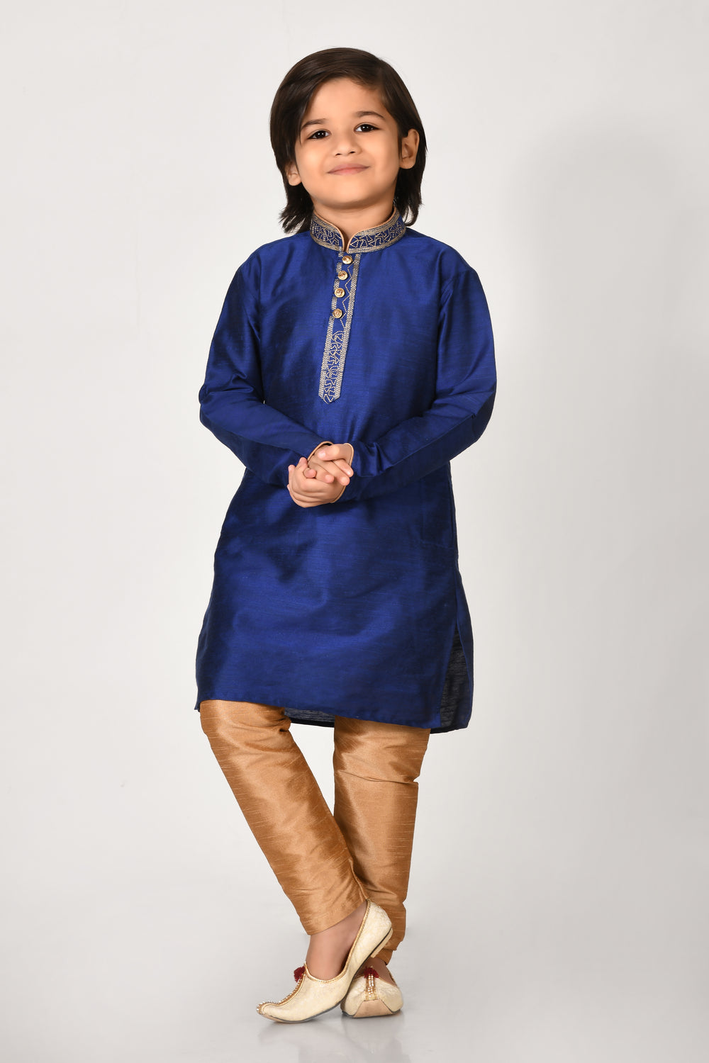 Boy Royal Blue Mulberry Silk Kurta With Pyjama