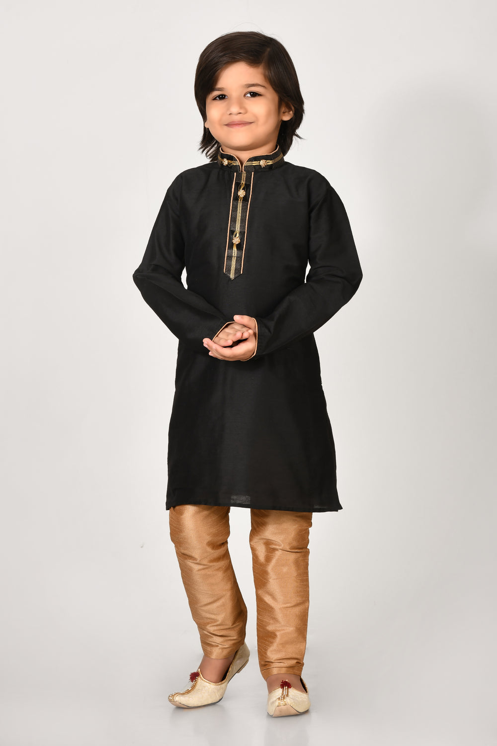 Boy Black Colour Cotton Silk Kurta Pyjama Set With Embroidered Coller