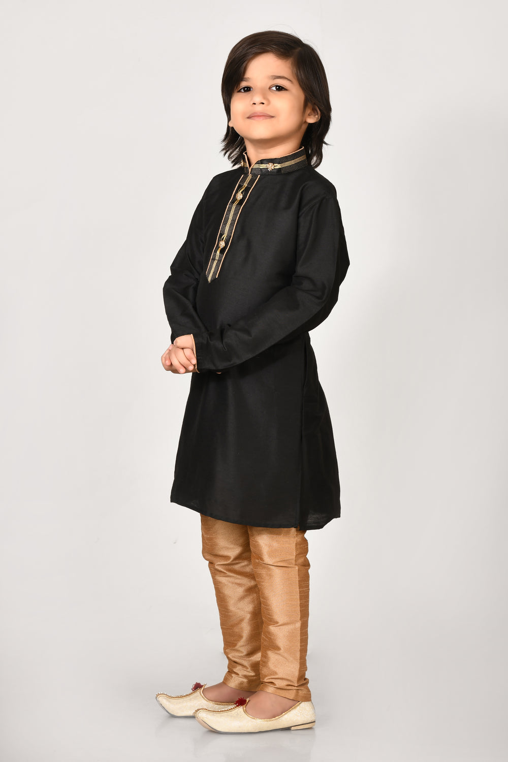 Boy Black Colour Cotton Silk Kurta Pyjama Set With Embroidered Coller