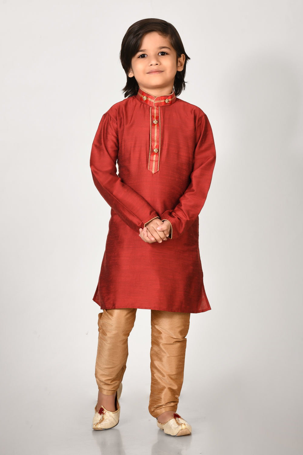 Boy Maroon Colour Cotton Silk Kurta Pyjama Set With Embroidered Coller