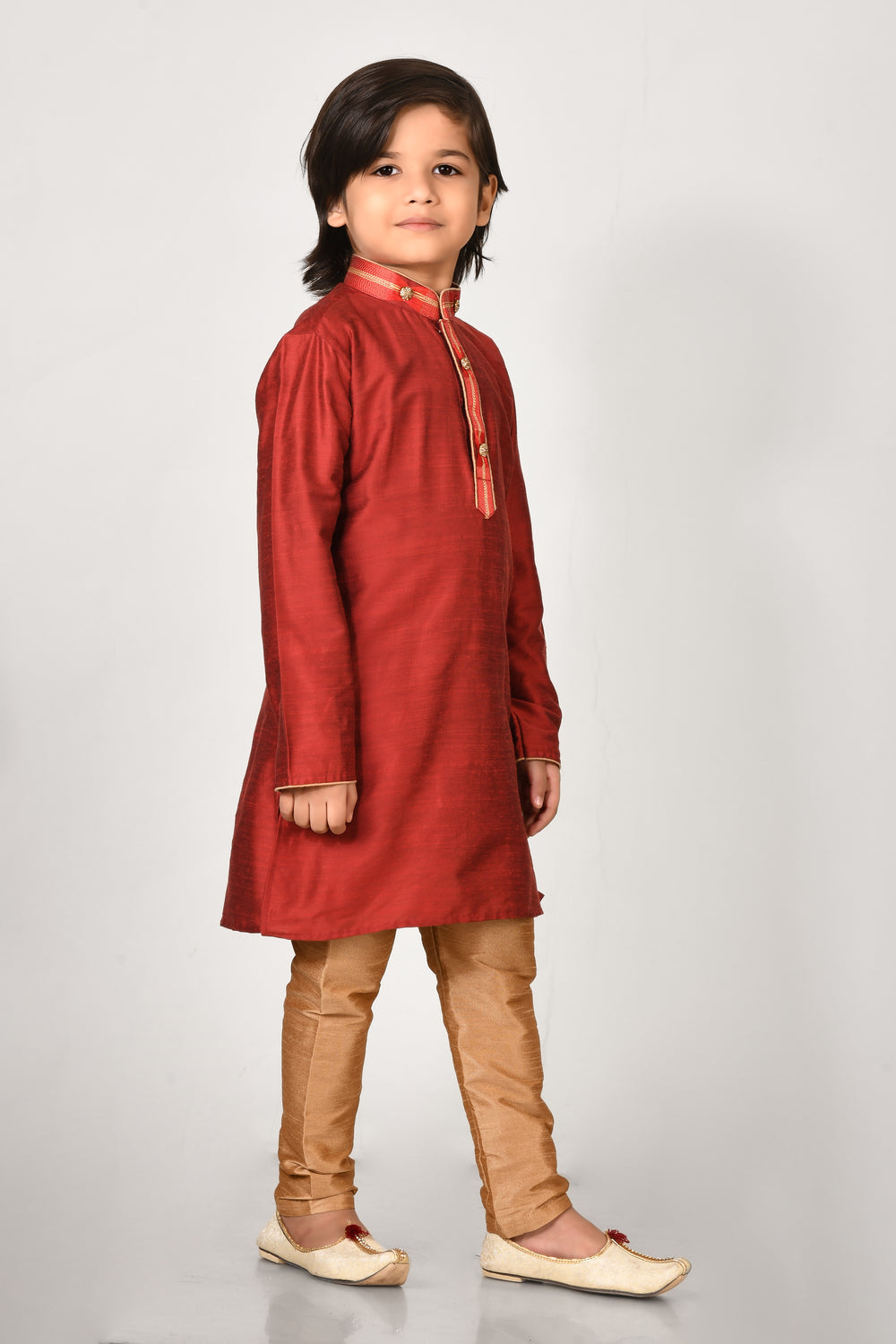 Boy Maroon Colour Cotton Silk Kurta Pyjama Set With Embroidered Coller