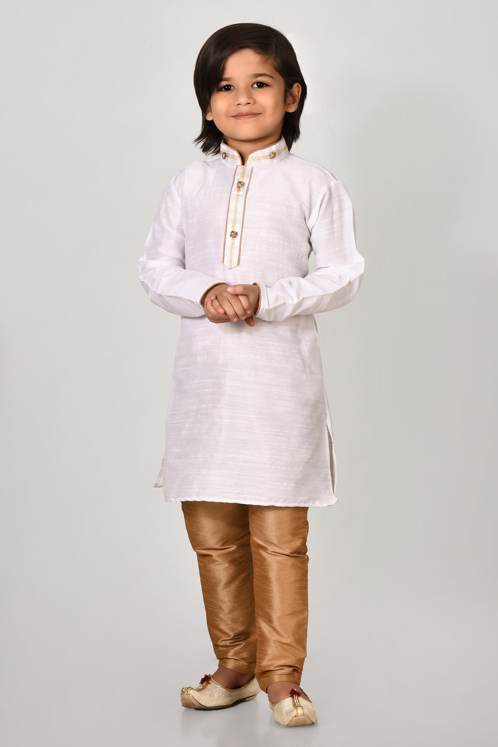 Boy White Colour Cotton Silk Kurta Pyjama Set With Embroidered Coller