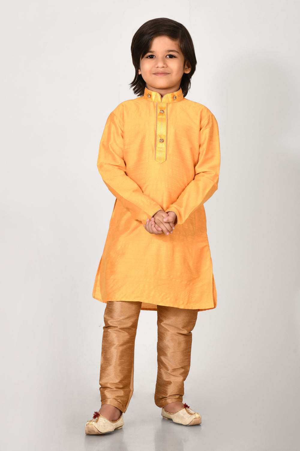 Boy Yellow Colour Cotton Silk Kurta Pyjama Set With Embroidered Coller