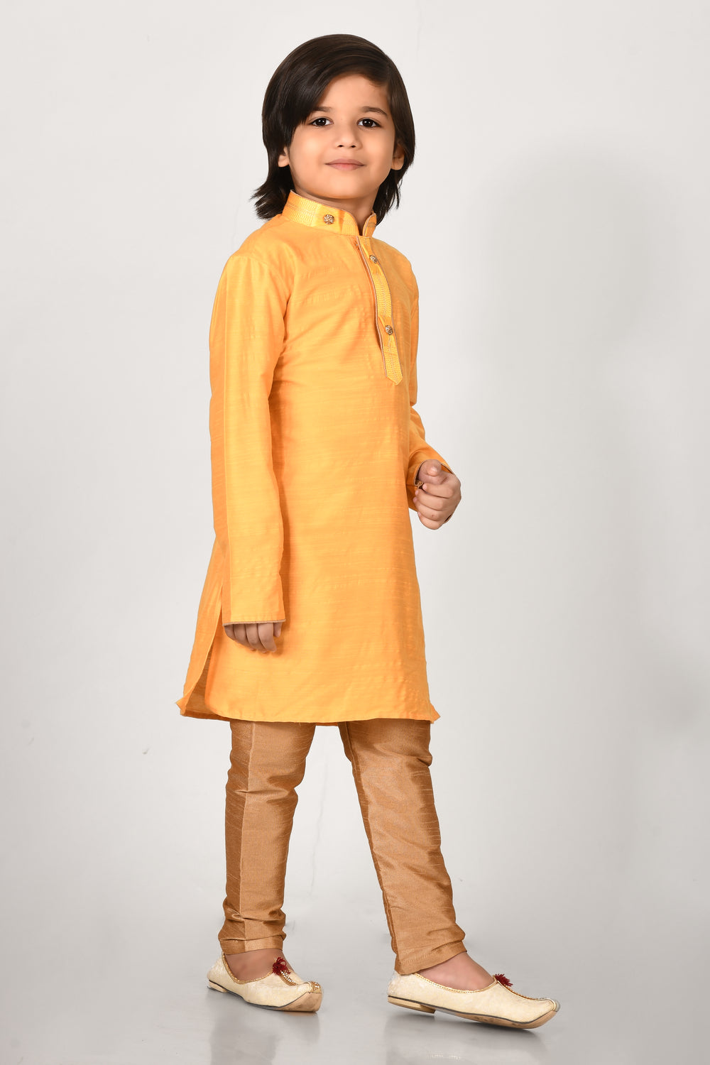 Boy Yellow Colour Cotton Silk Kurta Pyjama Set With Embroidered Coller