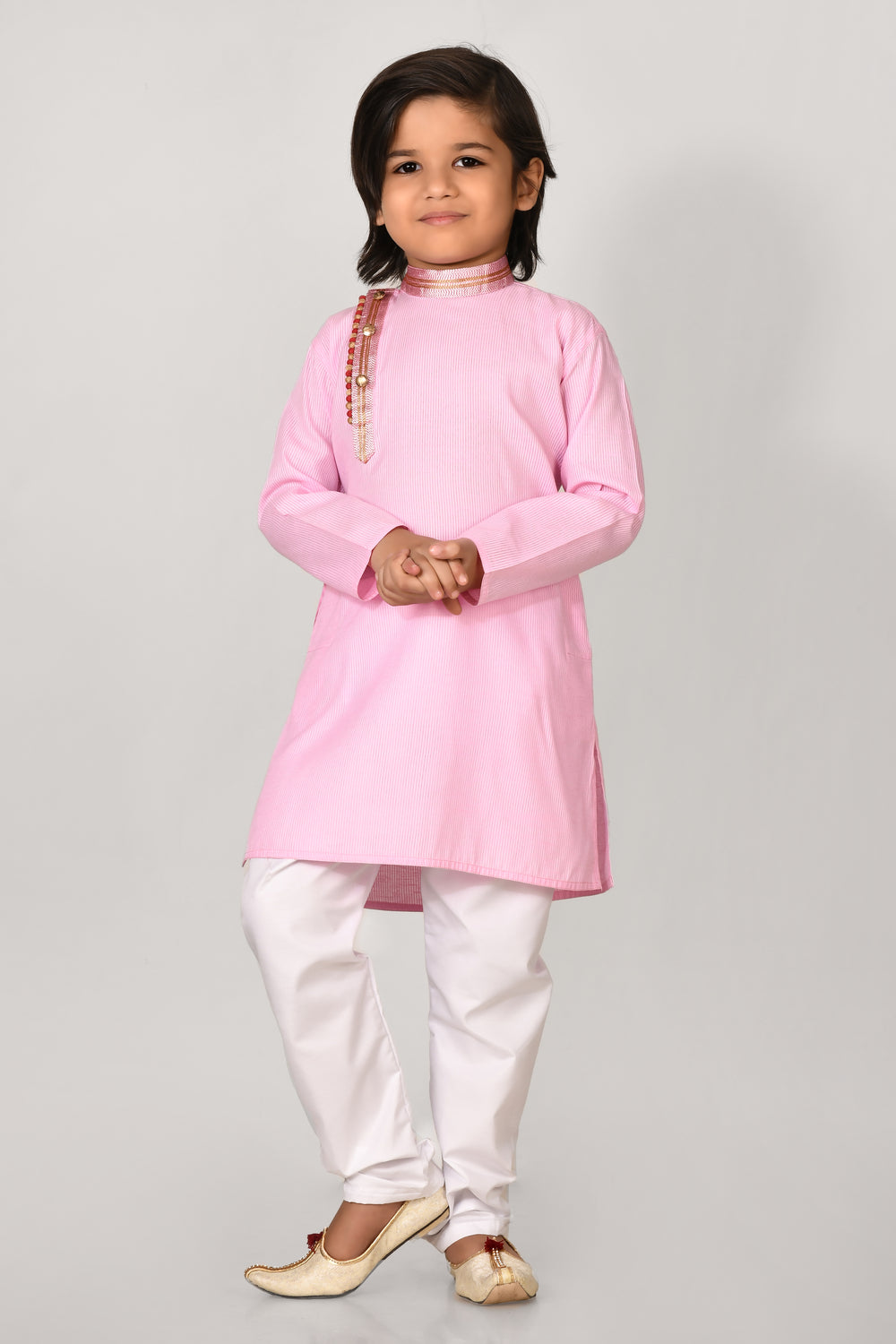 Boy Pink Colour Cotton Angrakha Style Kurta Set