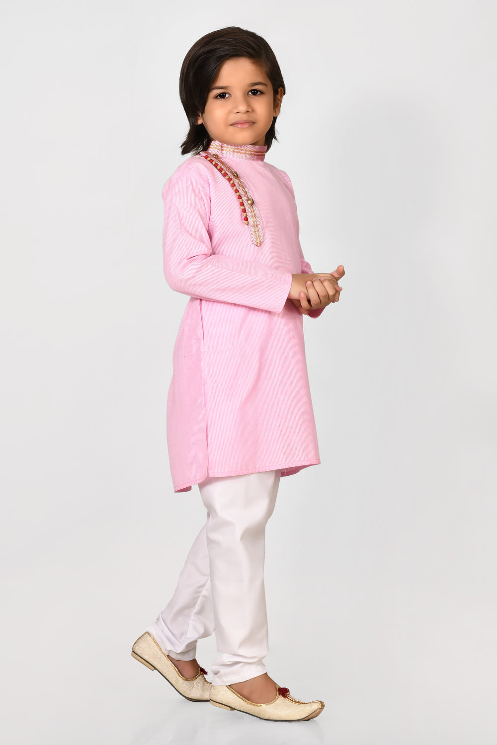 Boy Pink Colour Cotton Angrakha Style Kurta Set