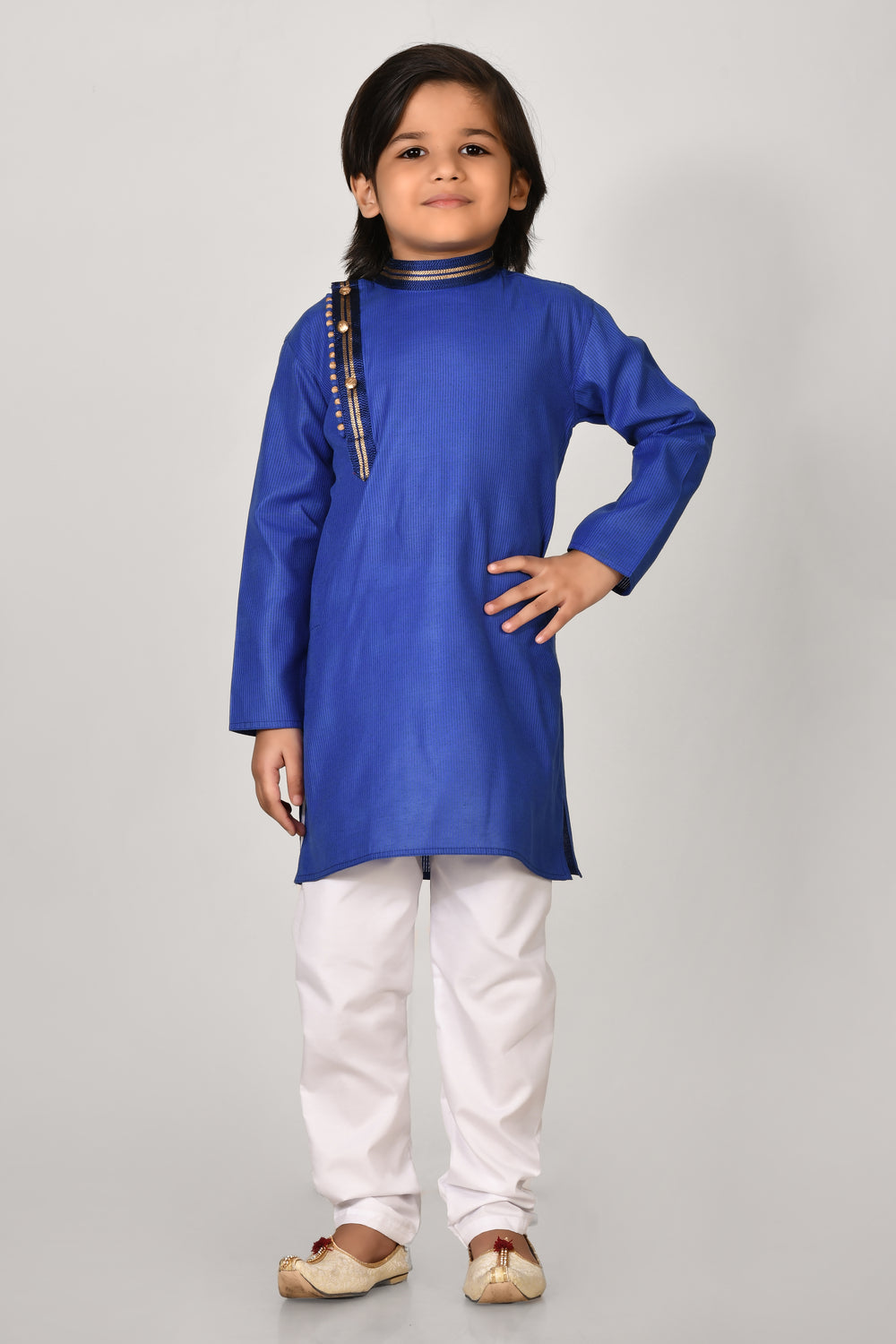 Boy Royal Blue Colour Cotton Angrakha Style Kurta Set