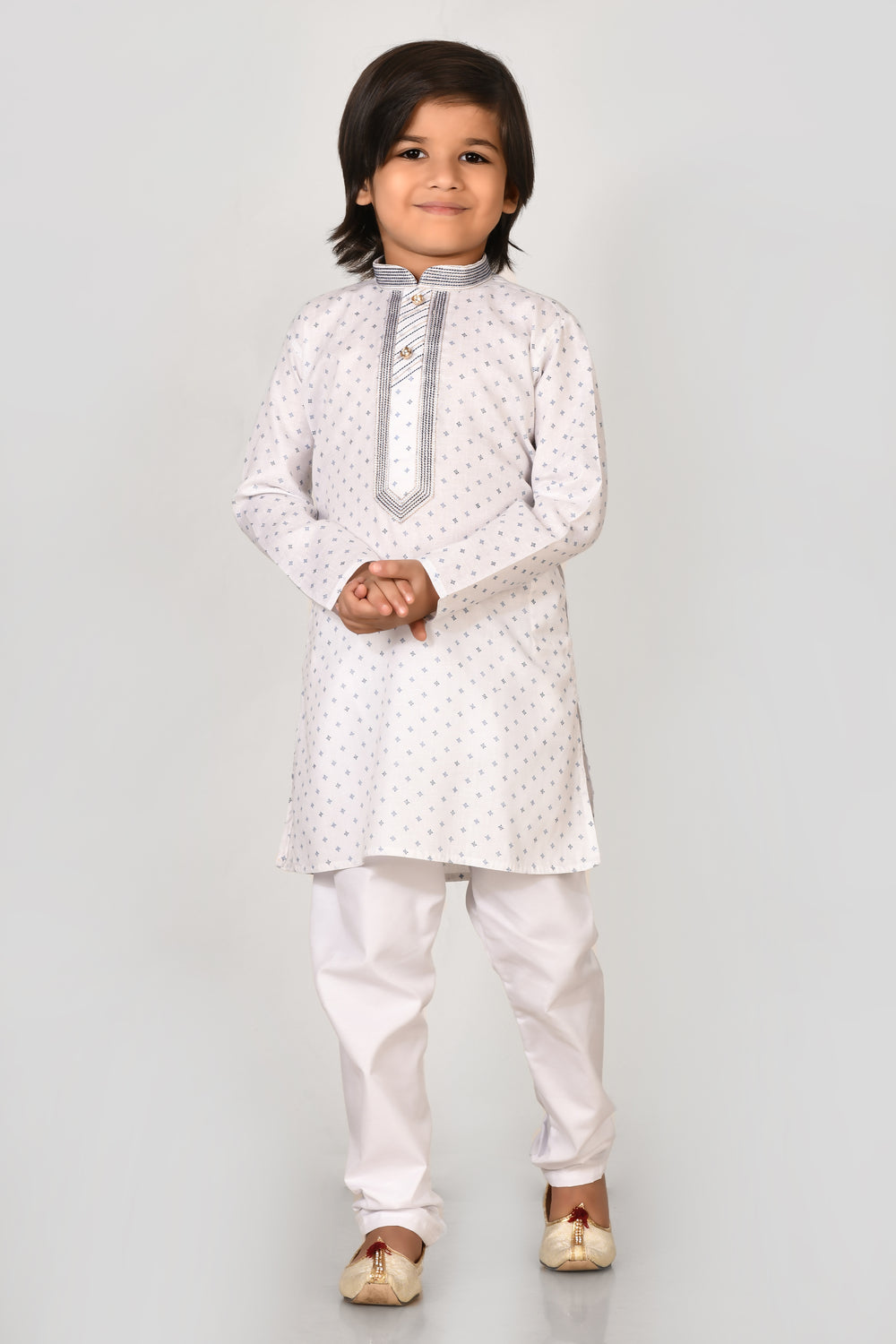 Boy  Brown Printed Cotton Kurta Set With Stylish  Embroidered Collar