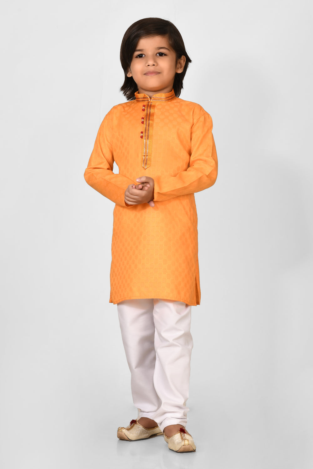 Boy  Orange Colour Cotton Solid Regular Fit Kurta Set For Kids