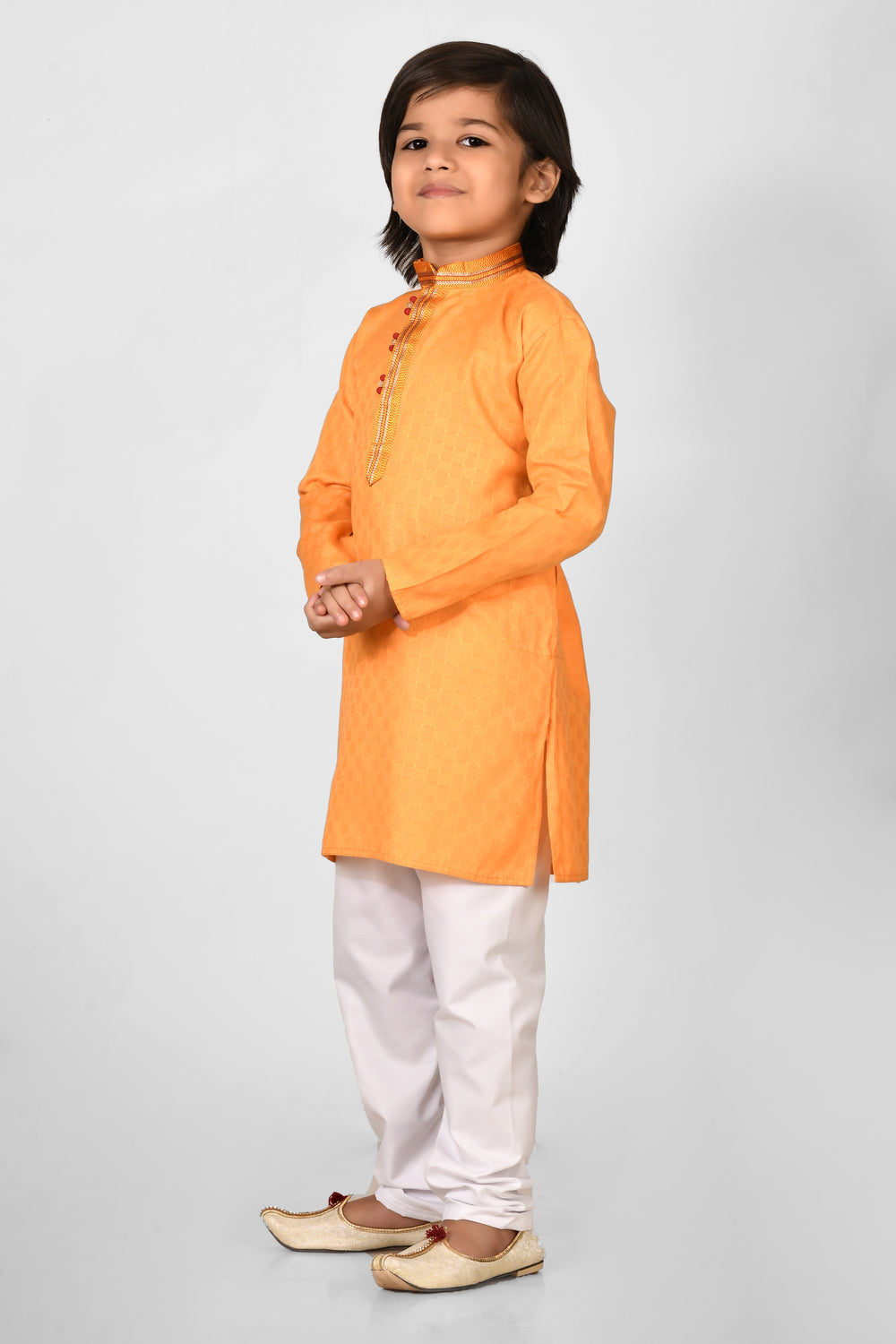 Boy  Orange Colour Cotton Solid Regular Fit Kurta Set For Kids