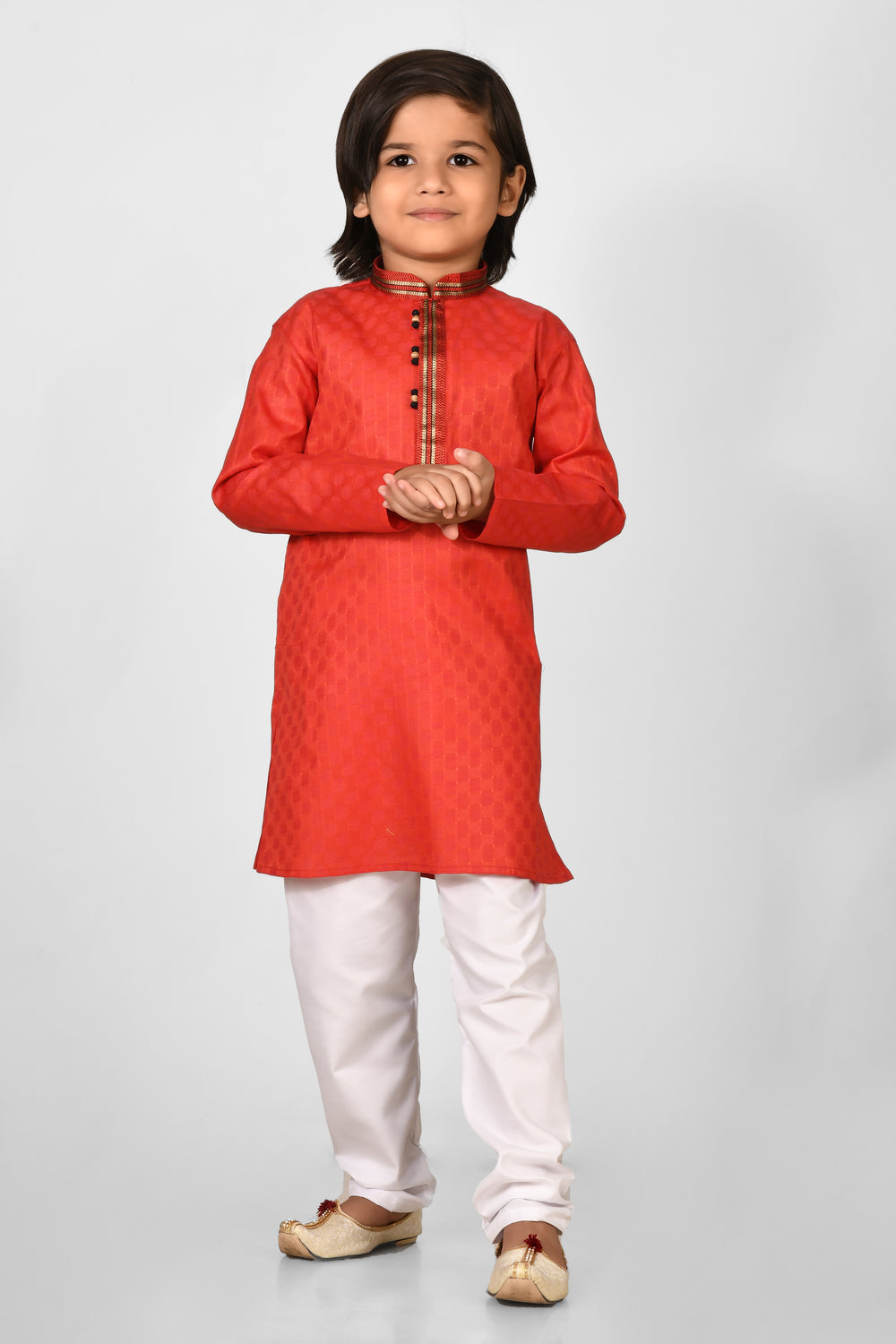 Boy Red Colour Cotton Solid Regular Fit Kurta Set For Kids