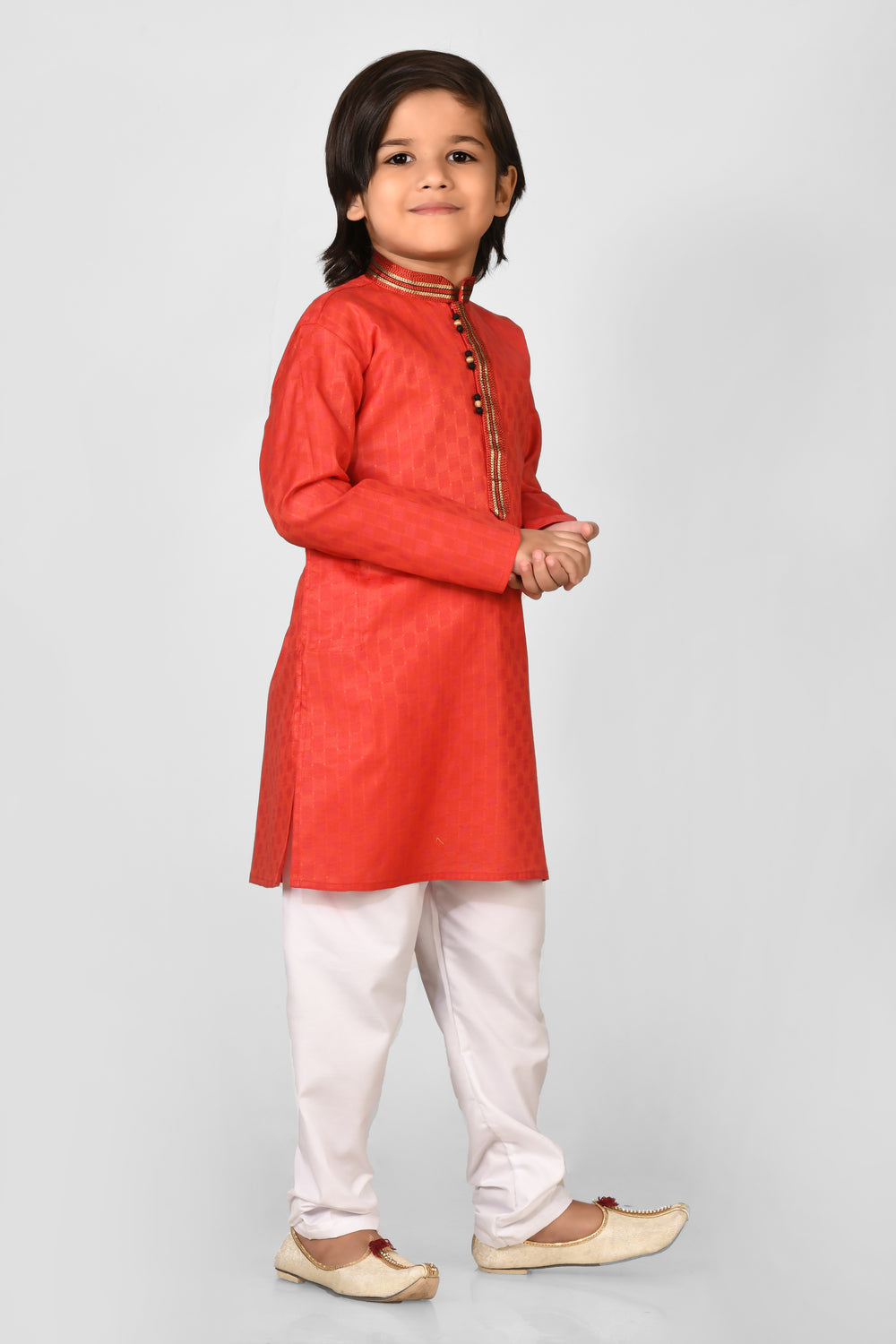 Boy Red Colour Cotton Solid Regular Fit Kurta Set For Kids