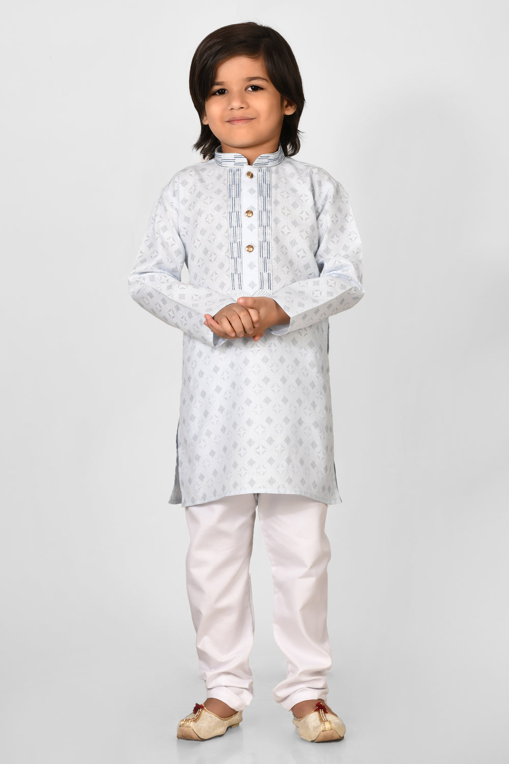 Boy Sky Colour Cotton Brasso  Solid Regular Fit Kurta Set For Kids