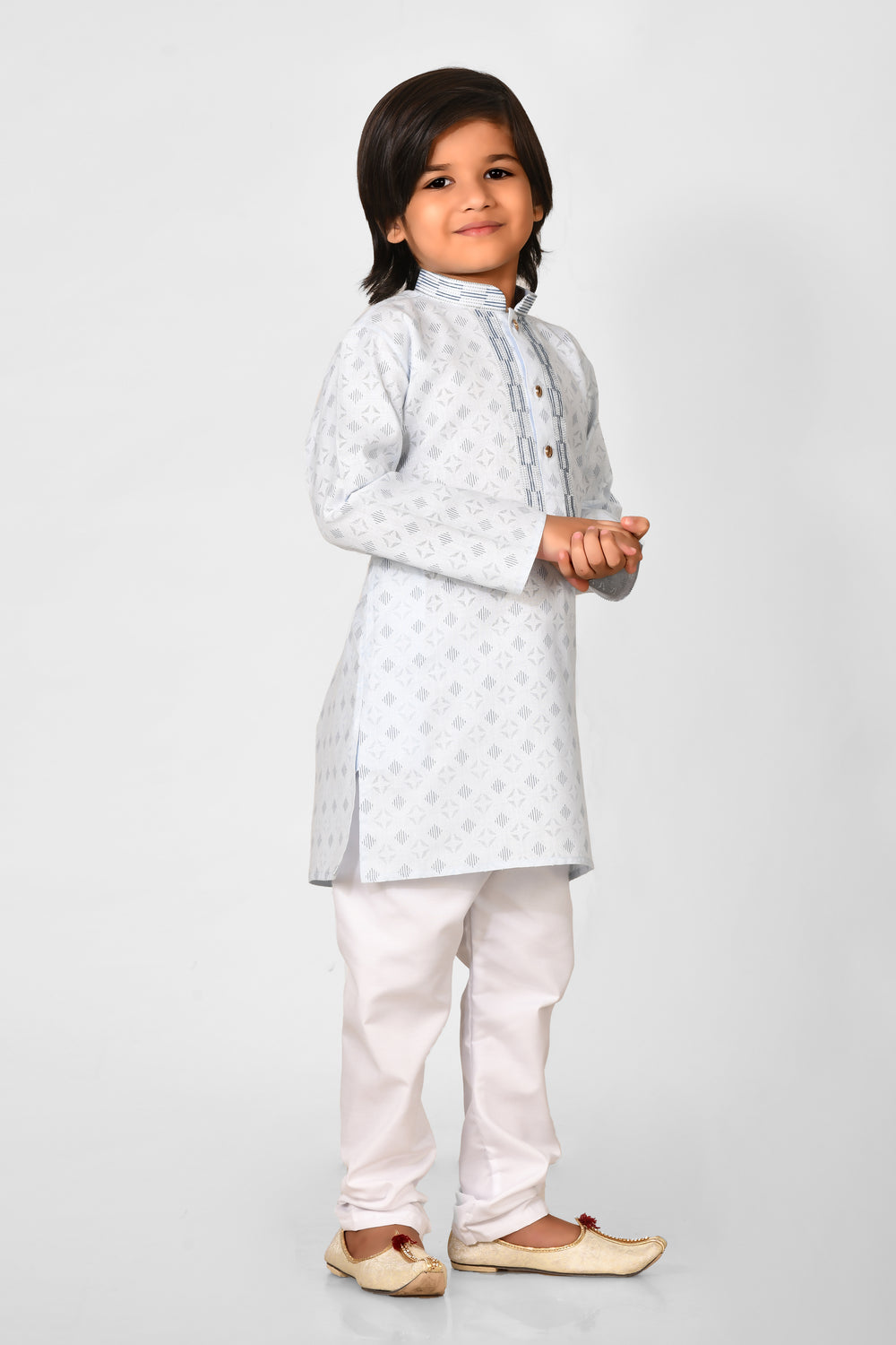 Boy Sky Colour Cotton Brasso  Solid Regular Fit Kurta Set For Kids