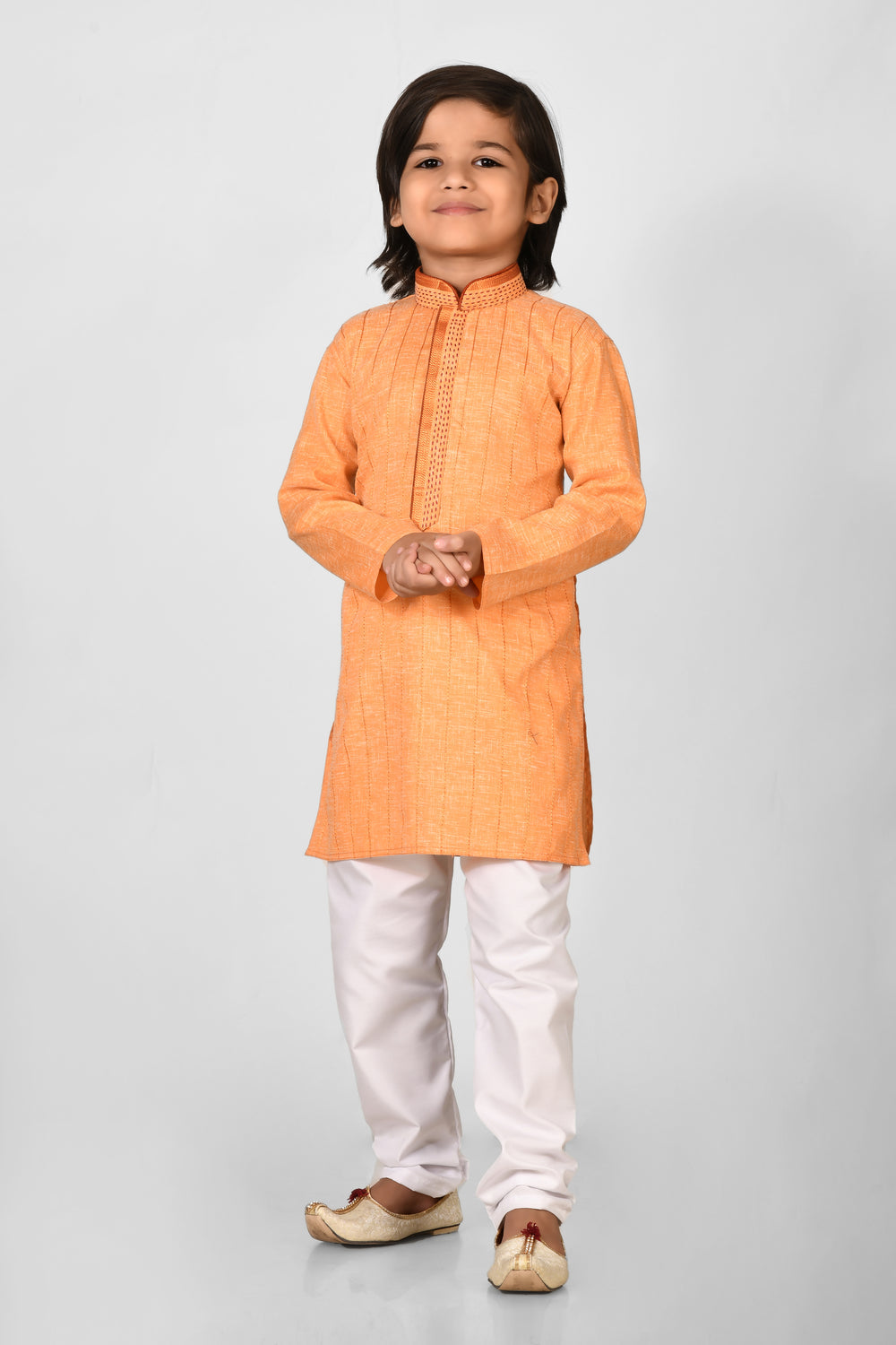 Boy Orange Colour Cotton Kurta Set For Kids With Hand Work