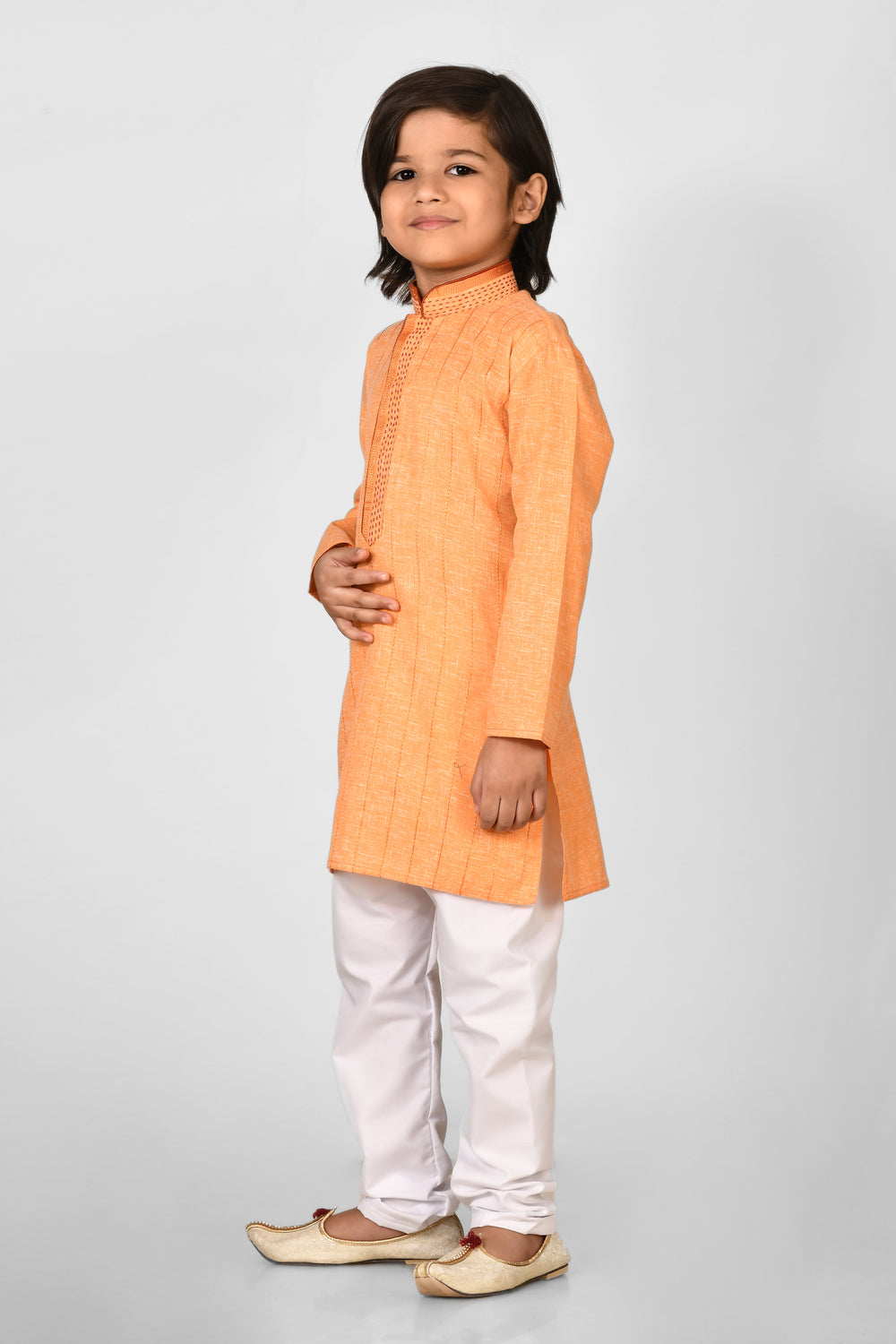 Boy Orange Colour Cotton Kurta Set For Kids With Hand Work