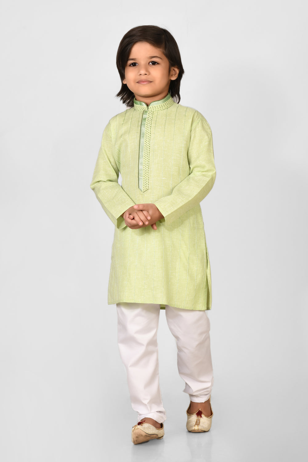 Boy Pista Colour Cotton Kurta Set For Kids With Hand Work