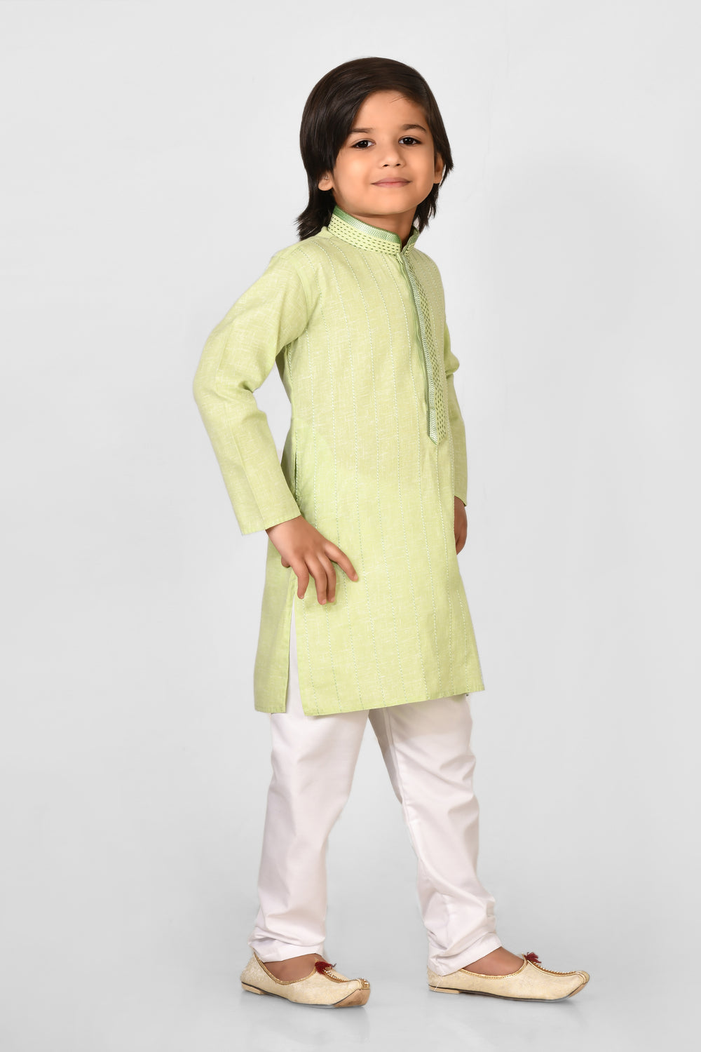 Boy Pista Colour Cotton Kurta Set For Kids With Hand Work