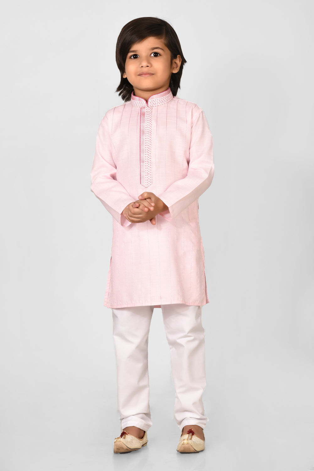 Boy Pink Colour Cotton Kurta Set For Kids With Hand Work