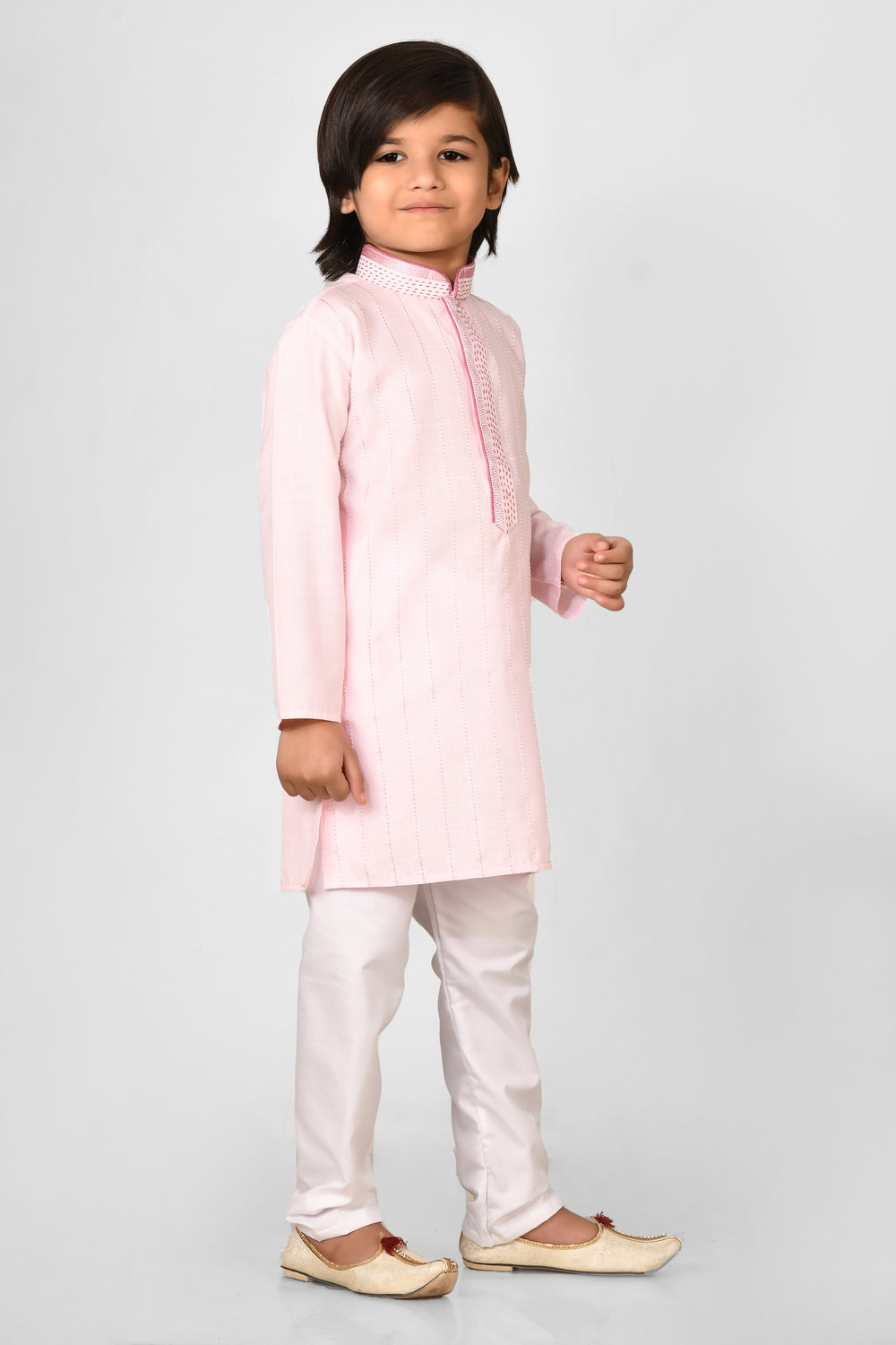 Boy Pink Colour Cotton Kurta Set For Kids With Hand Work