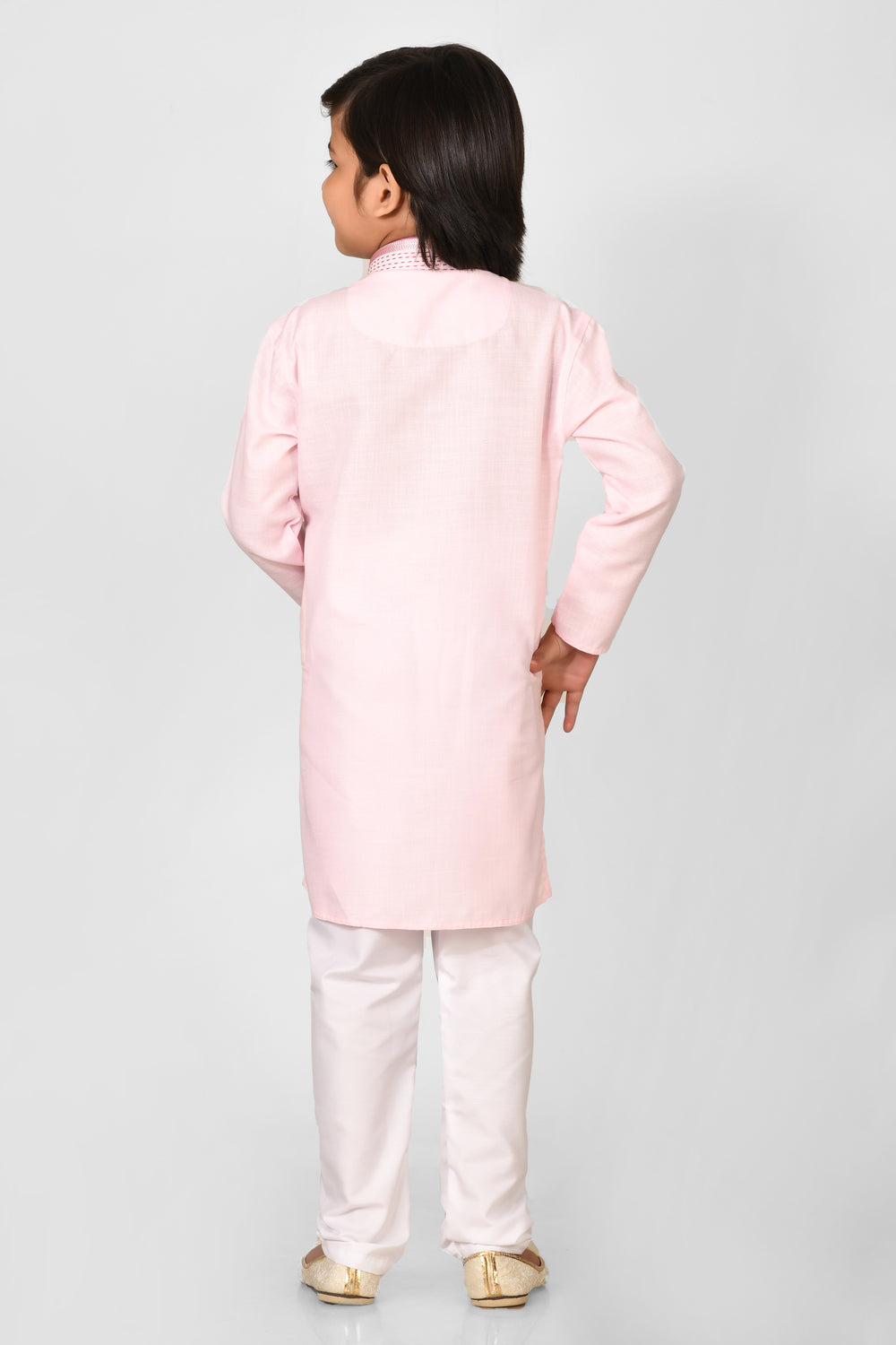 Boy Pink Colour Cotton Kurta Set For Kids With Hand Work