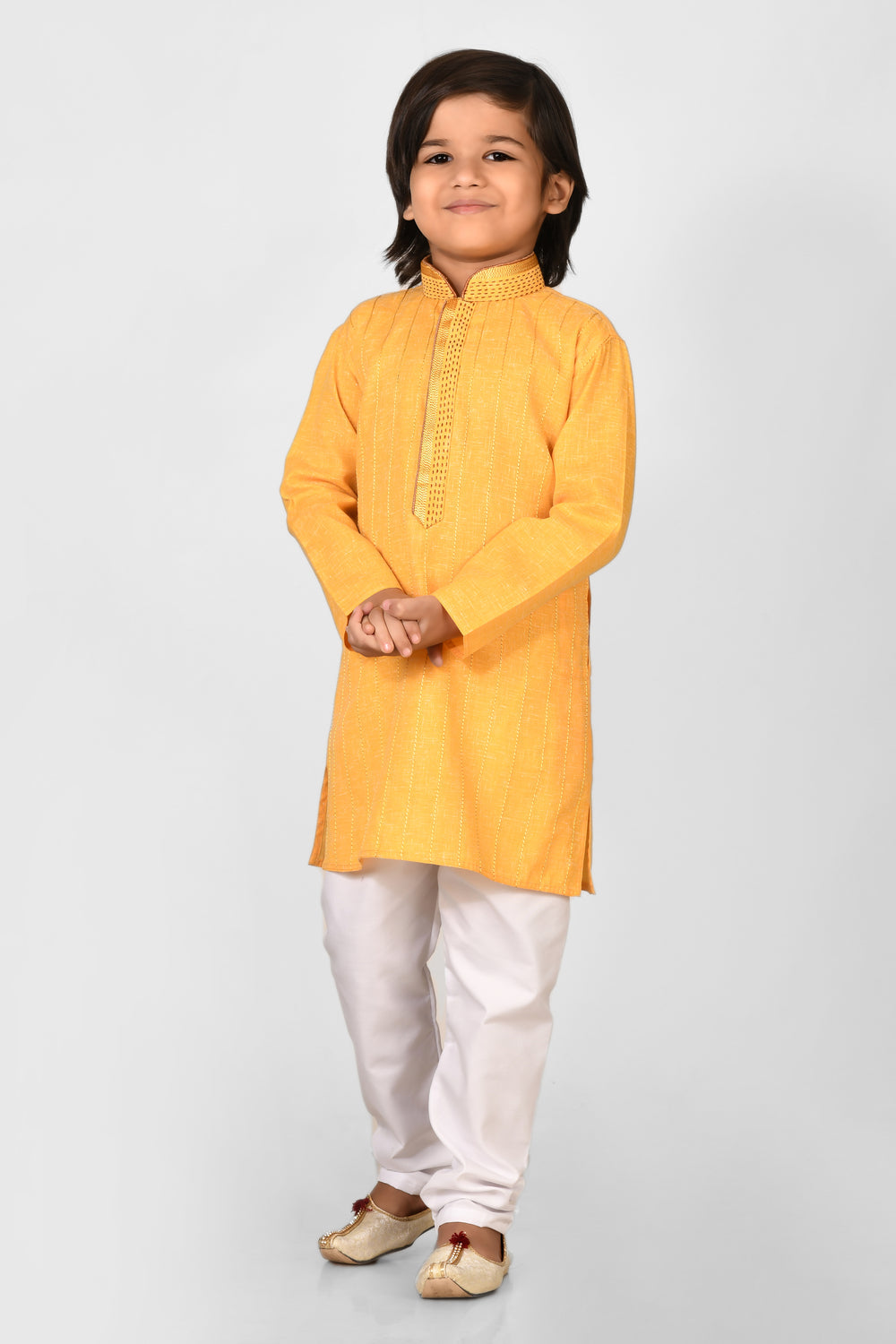 Boy Yellow Colour Cotton Kurta Set For Kids With Hand Work