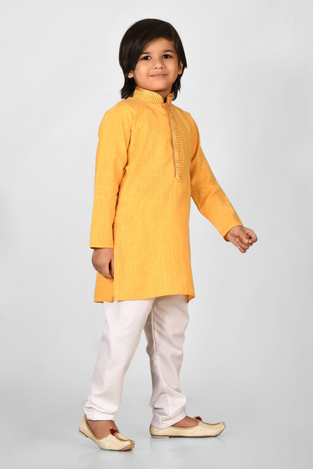 Boy Yellow Colour Cotton Kurta Set For Kids With Hand Work