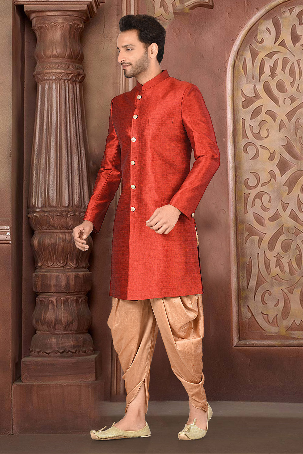 Red & Beige Colour Silk Fabric With Zardoshi Work Indo-Western