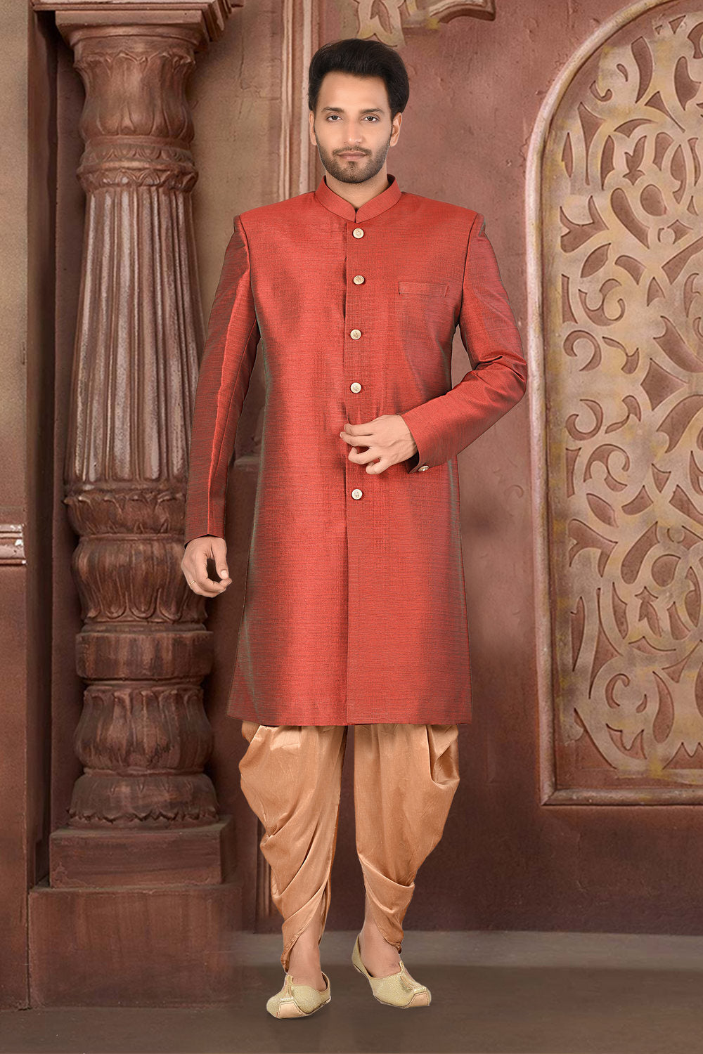 Maroon & Beige Colour Silk Fabric Plain Indo-Western